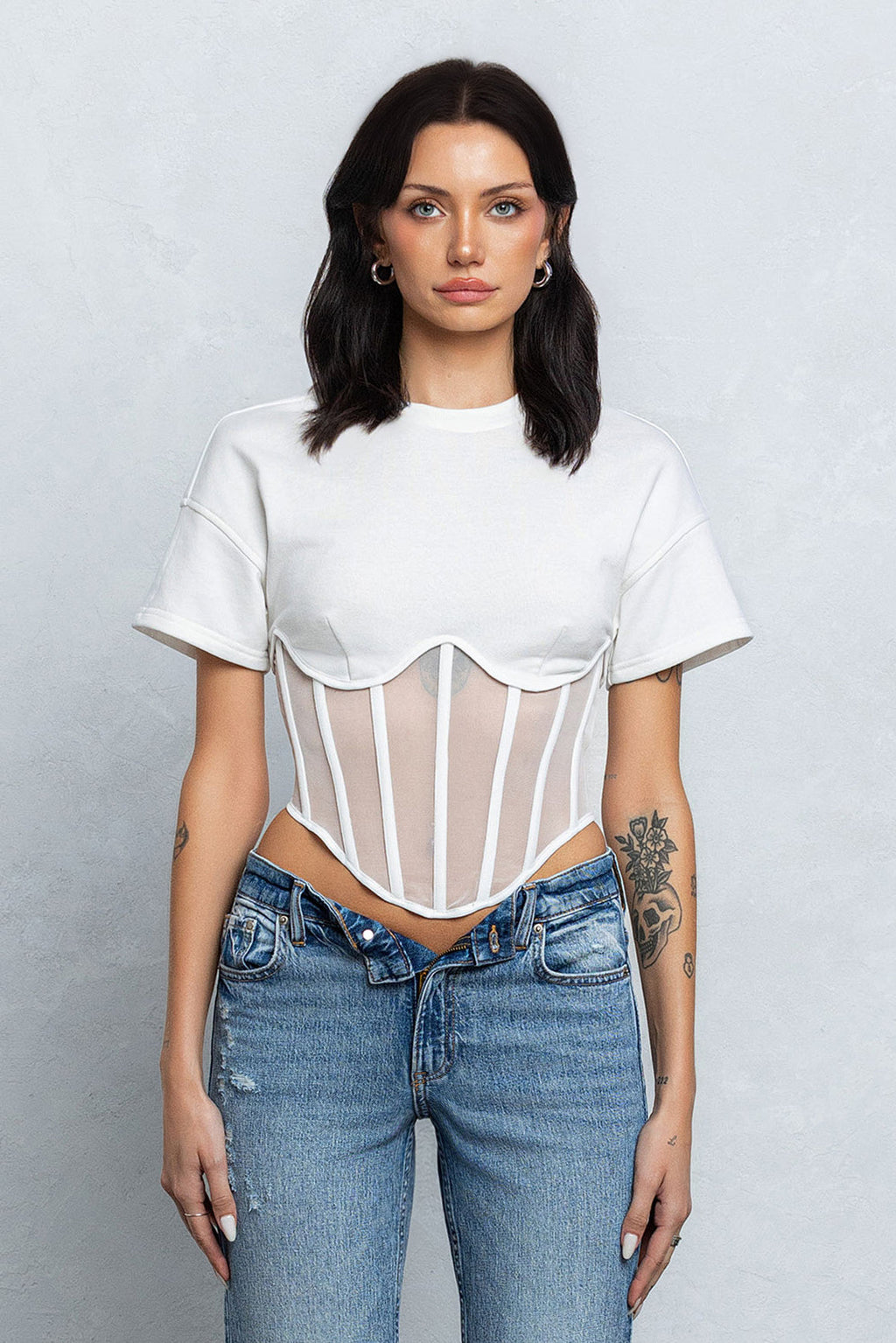 TARA MESH CONTRAST BUSTIER TOP - WHITE