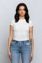 YVETTE RIBBED HOOK & EYE BABY TEE - WHITE