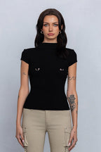 PIERCED RIBBED MOCK NECK TOP
