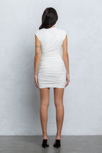 EMORIE RUCHED CAP SLEEVE MINI DRESS - WHITE
