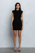 EMORIE RUCHED CAP SLEEVE MINI DRESS - BLACK
