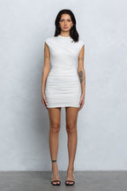 EMORIE RUCHED CAP SLEEVE MINI DRESS - WHITE