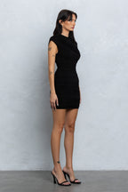 EMORIE RUCHED CAP SLEEVE MINI DRESS - BLACK