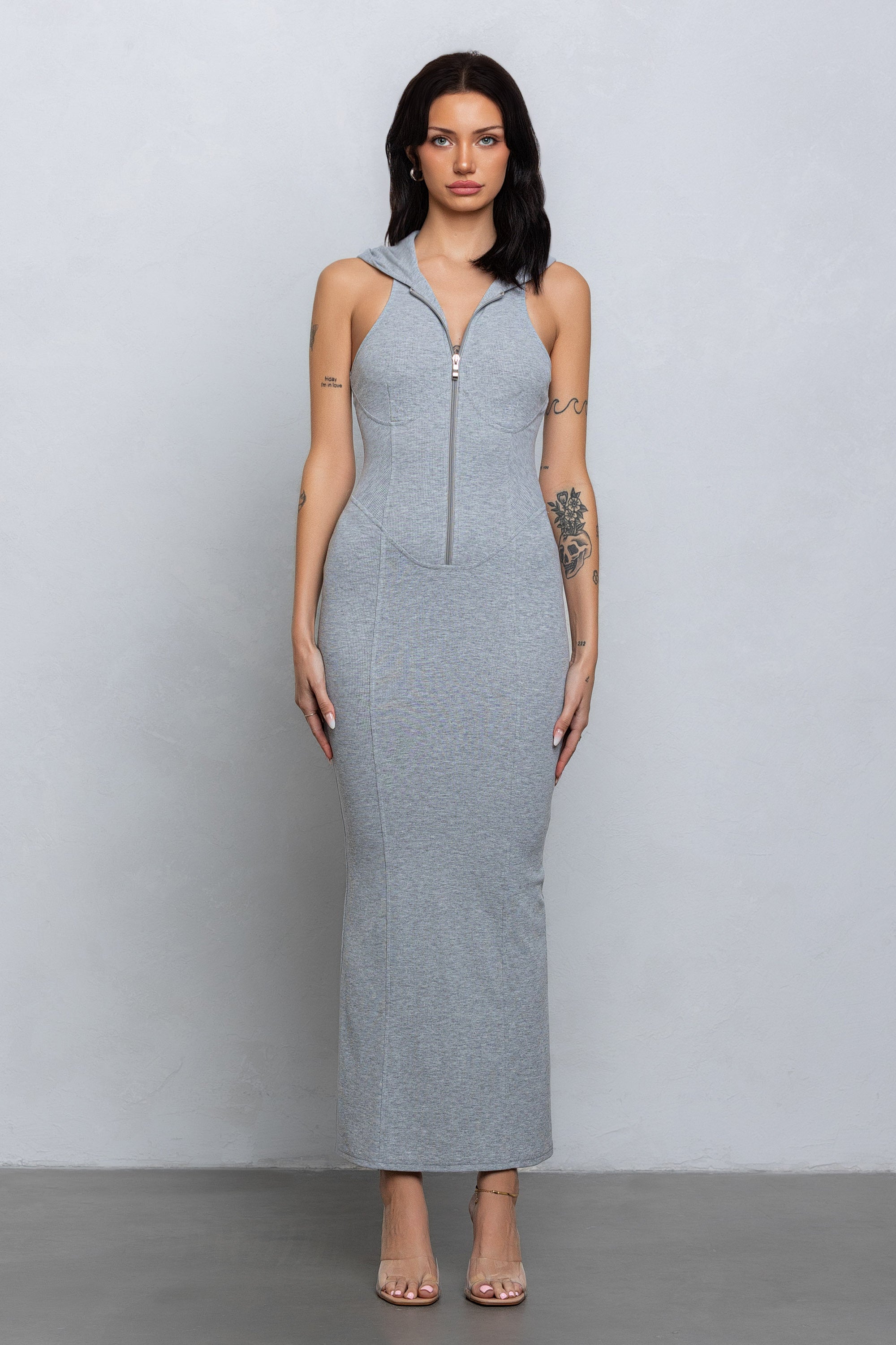 FAYE SLEEVELESS ZIP UP MAXI - HEATHER GREY