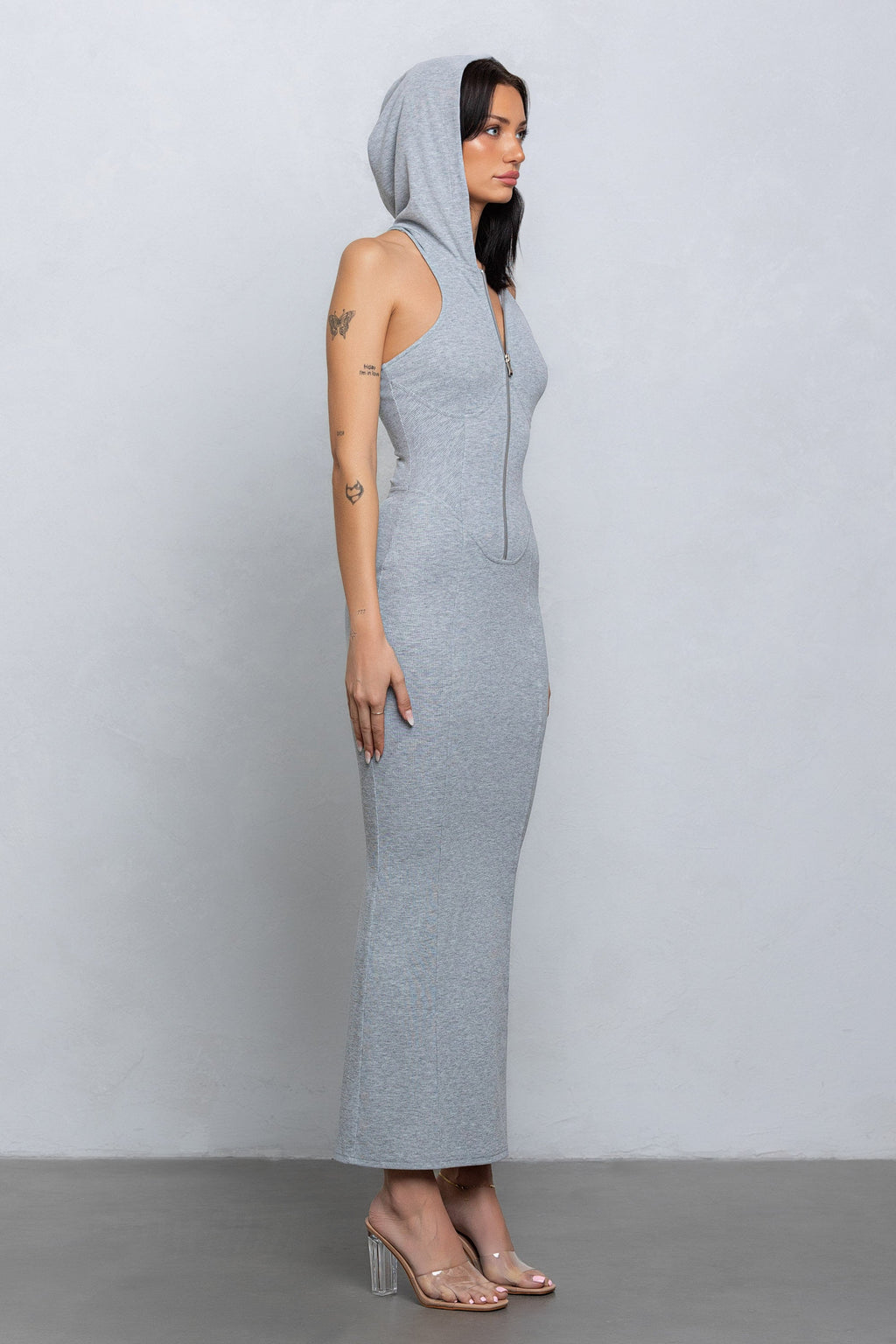 FAYE SLEEVELESS ZIP UP MAXI - HEATHER GREY