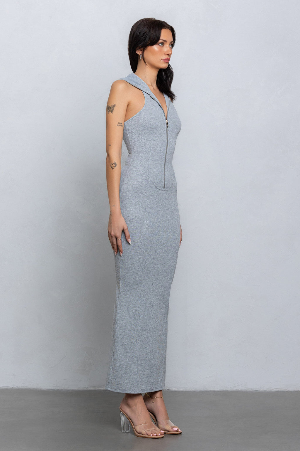 FAYE SLEEVELESS ZIP UP MAXI - HEATHER GREY