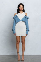 MEGAN KNIT DENIM CONTRAST MINI DRESS - WHITE