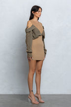 MEGAN KNIT DENIM CONTRAST MINI DRESS - MOCHA