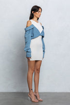 MEGAN KNIT DENIM CONTRAST MINI DRESS - WHITE