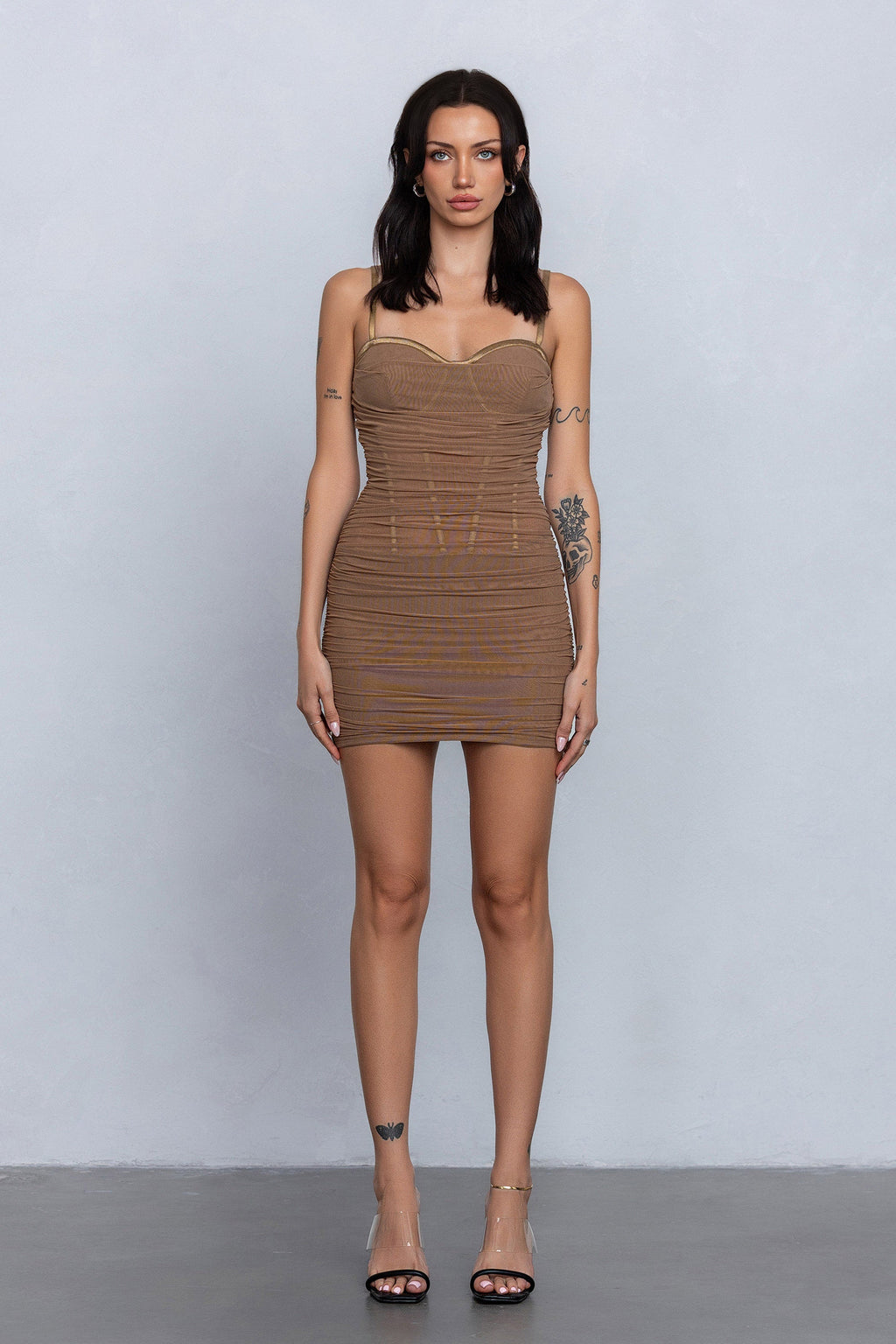 RACHEL SHEER RUCHED MINI DRESS