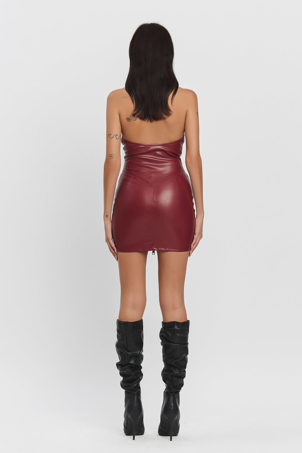 ZAIRE HALTER PLEATHER MINI DRESS - BURGUNDY