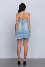 ZYLAH HALTER DENIM MINI DRESS - LIGHT WASH