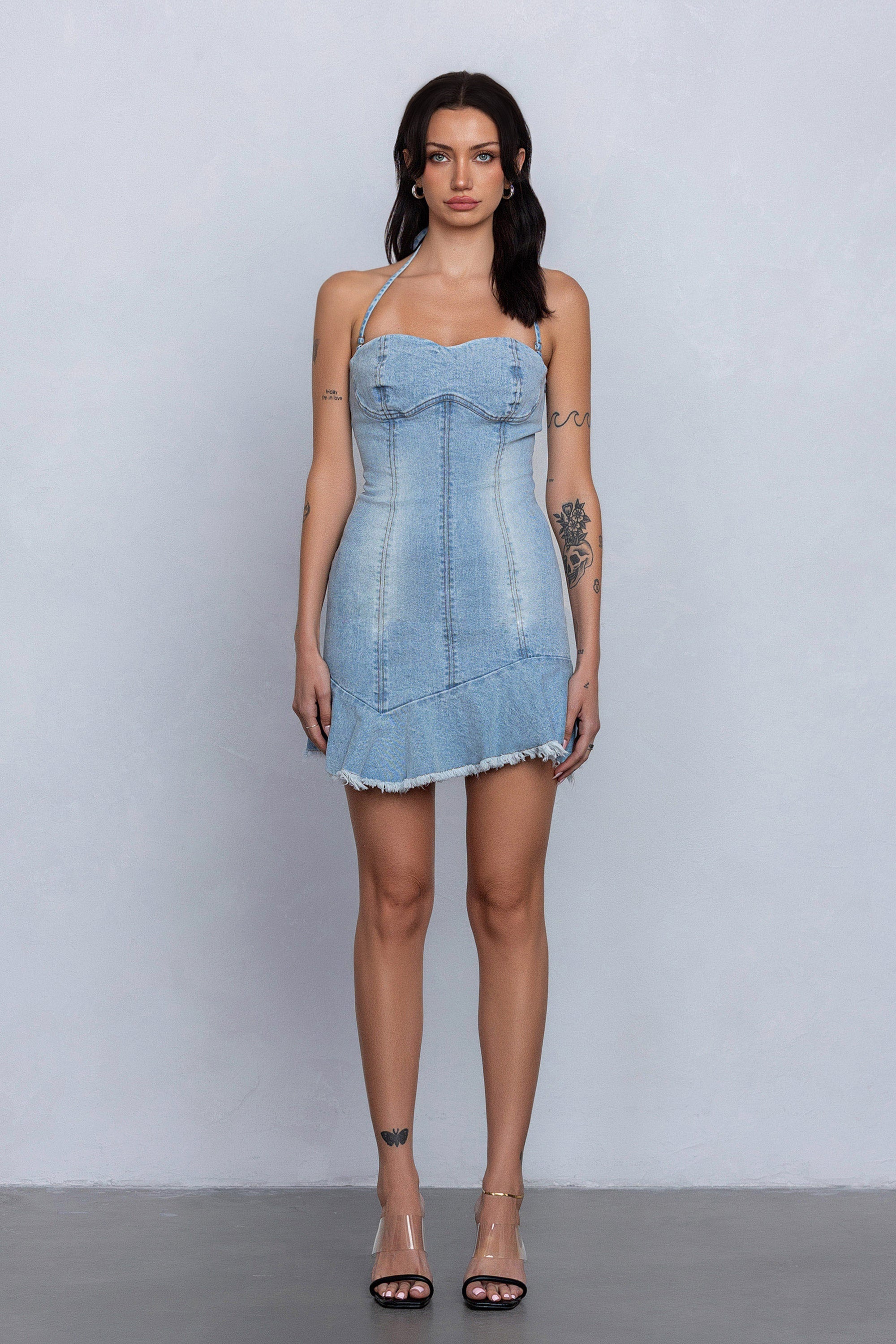 ZYLAH HALTER DENIM MINI DRESS - LIGHT WASH