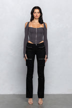 FAYE RIBBED ZIPPER TOP - CHARCOAL