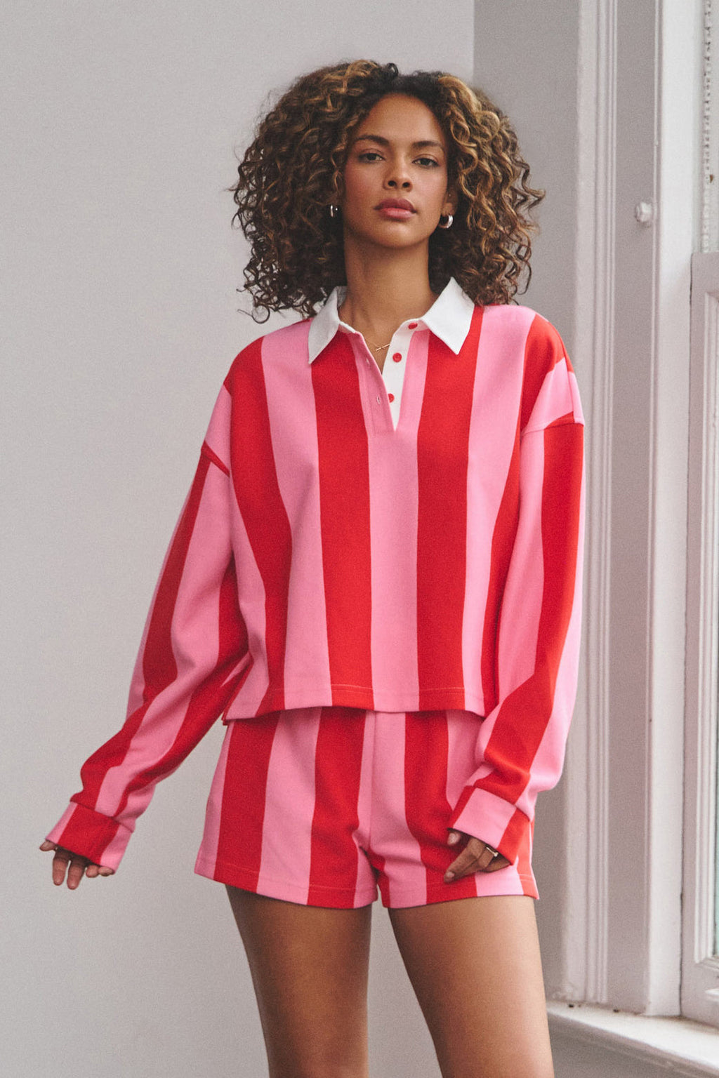 ATLAS FRENCH TERRY RUGBY TOP - PINK/RED