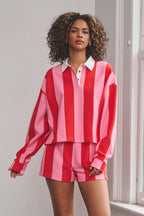 ATLAS FRENCH TERRY RUGBY TOP - PINK/RED