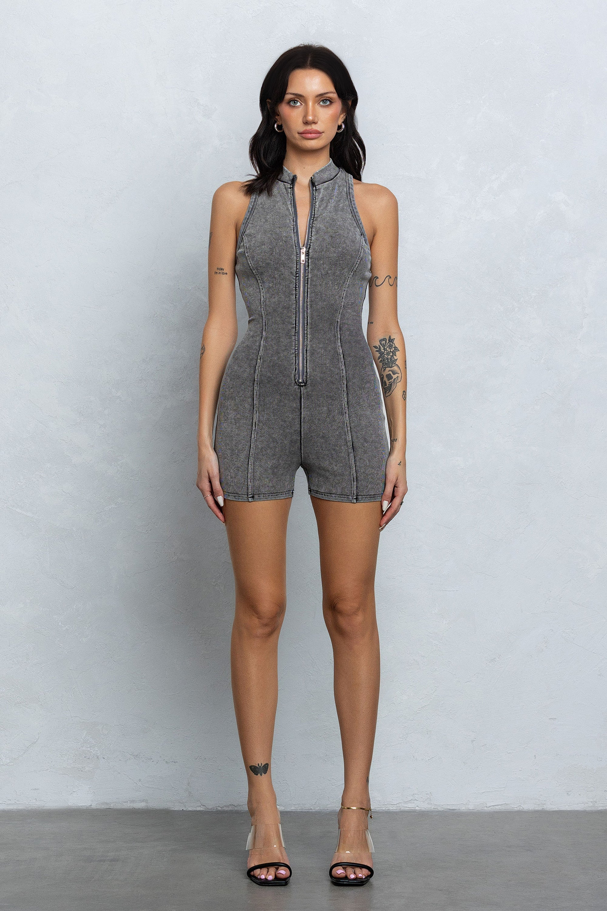 DAXON WASHED RIB ROMPER - CHARCOAL