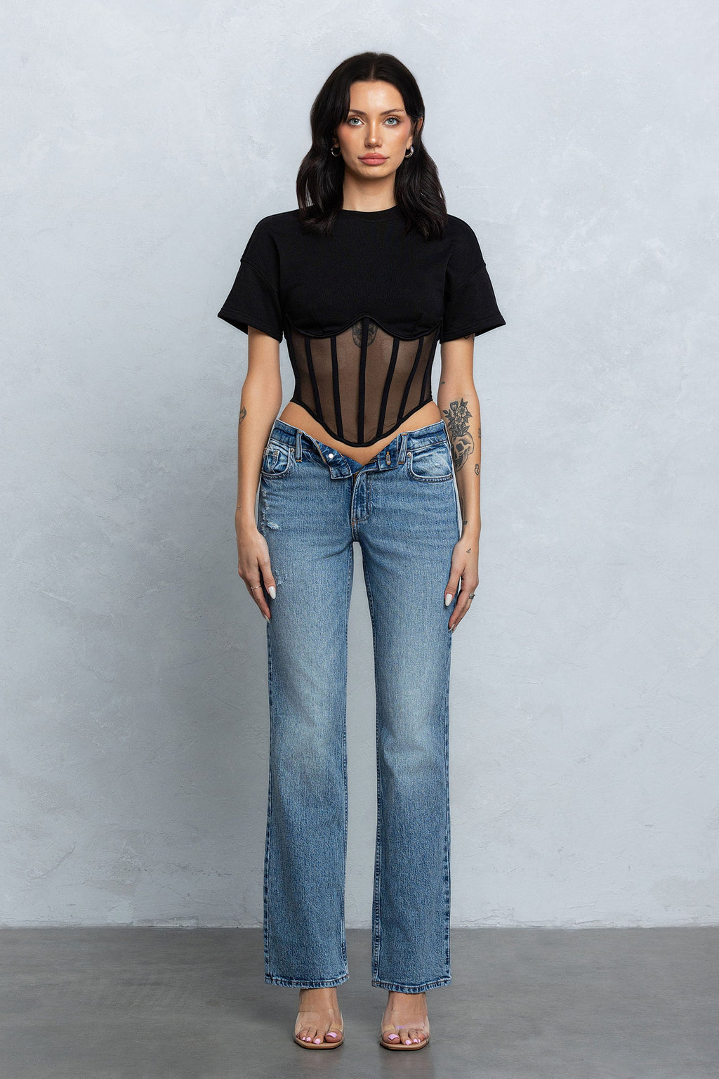 TARA MESH CONTRAST BUSTIER TOP - BLACK