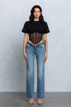 TARA MESH CONTRAST BUSTIER TOP - BLACK