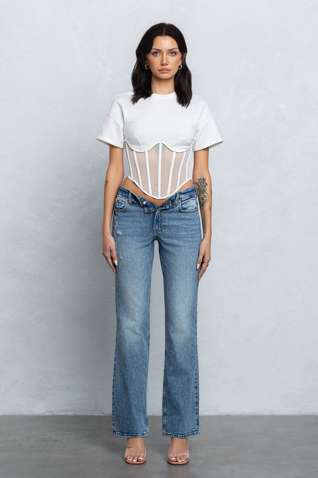 TARA MESH CONTRAST BUSTIER TOP - WHITE