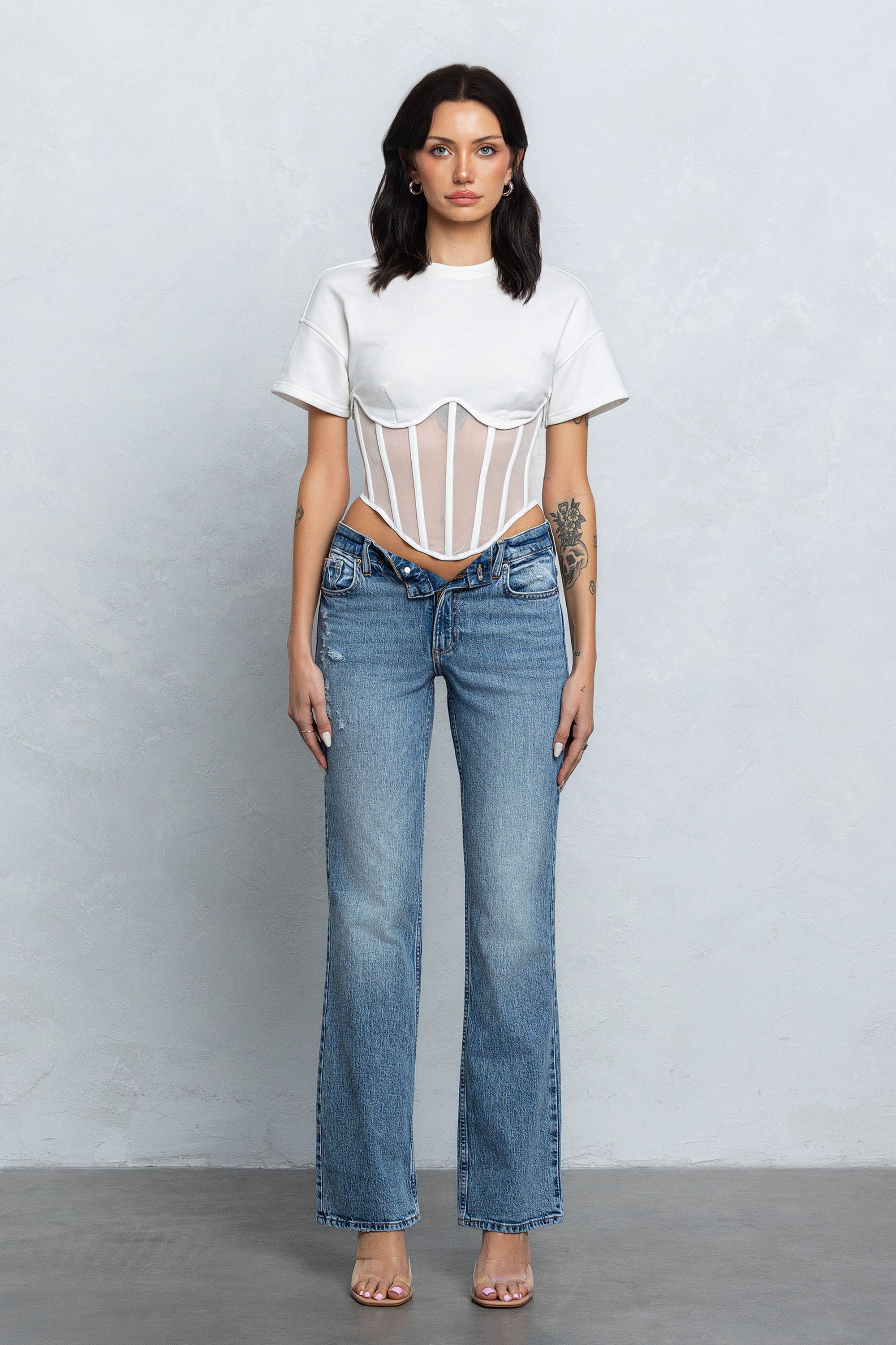 TARA MESH CONTRAST BUSTIER TOP - WHITE