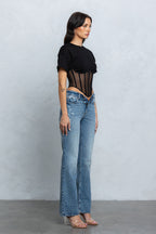 TARA MESH CONTRAST BUSTIER TOP - BLACK