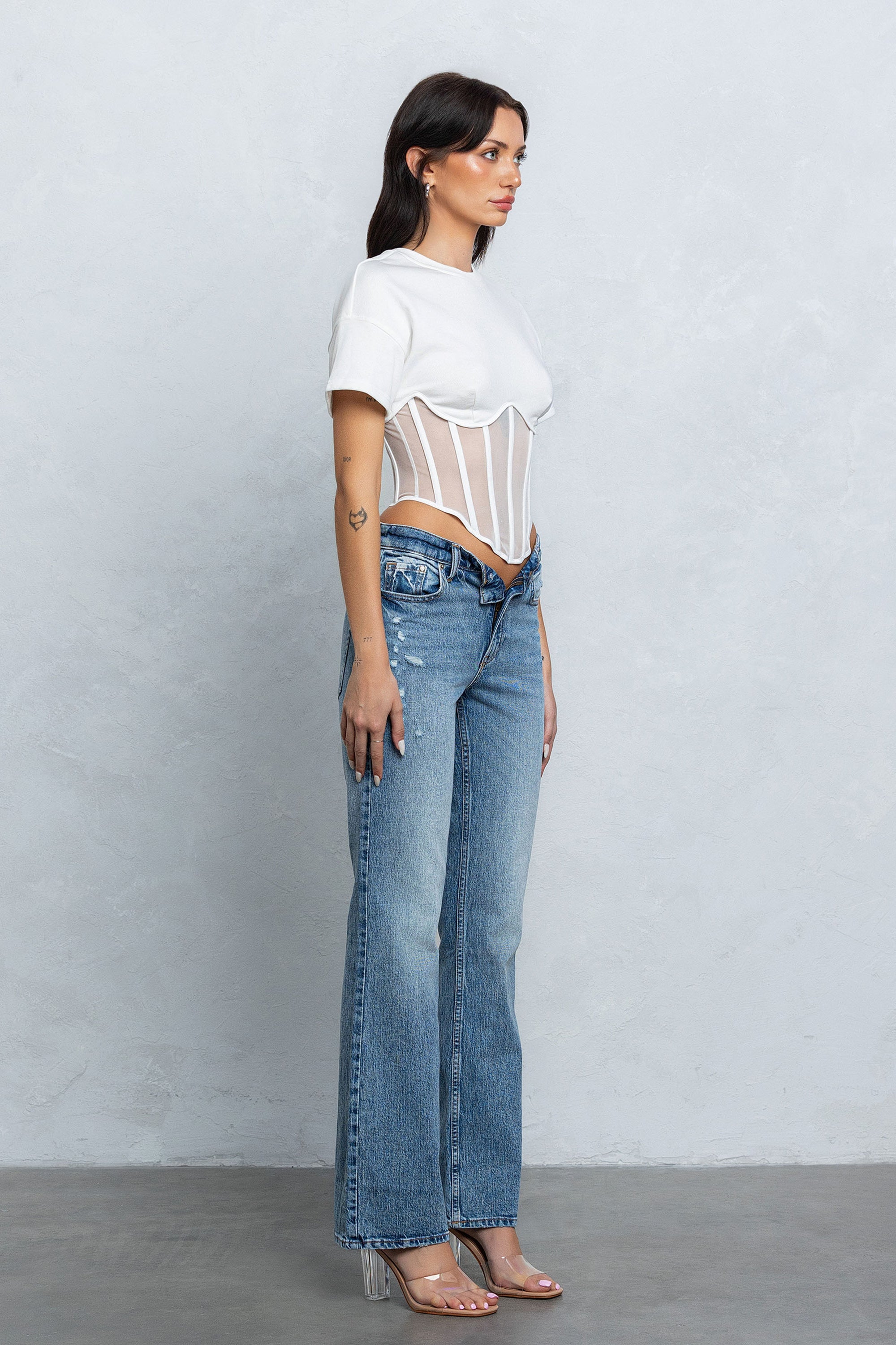 TARA MESH CONTRAST BUSTIER TOP - WHITE