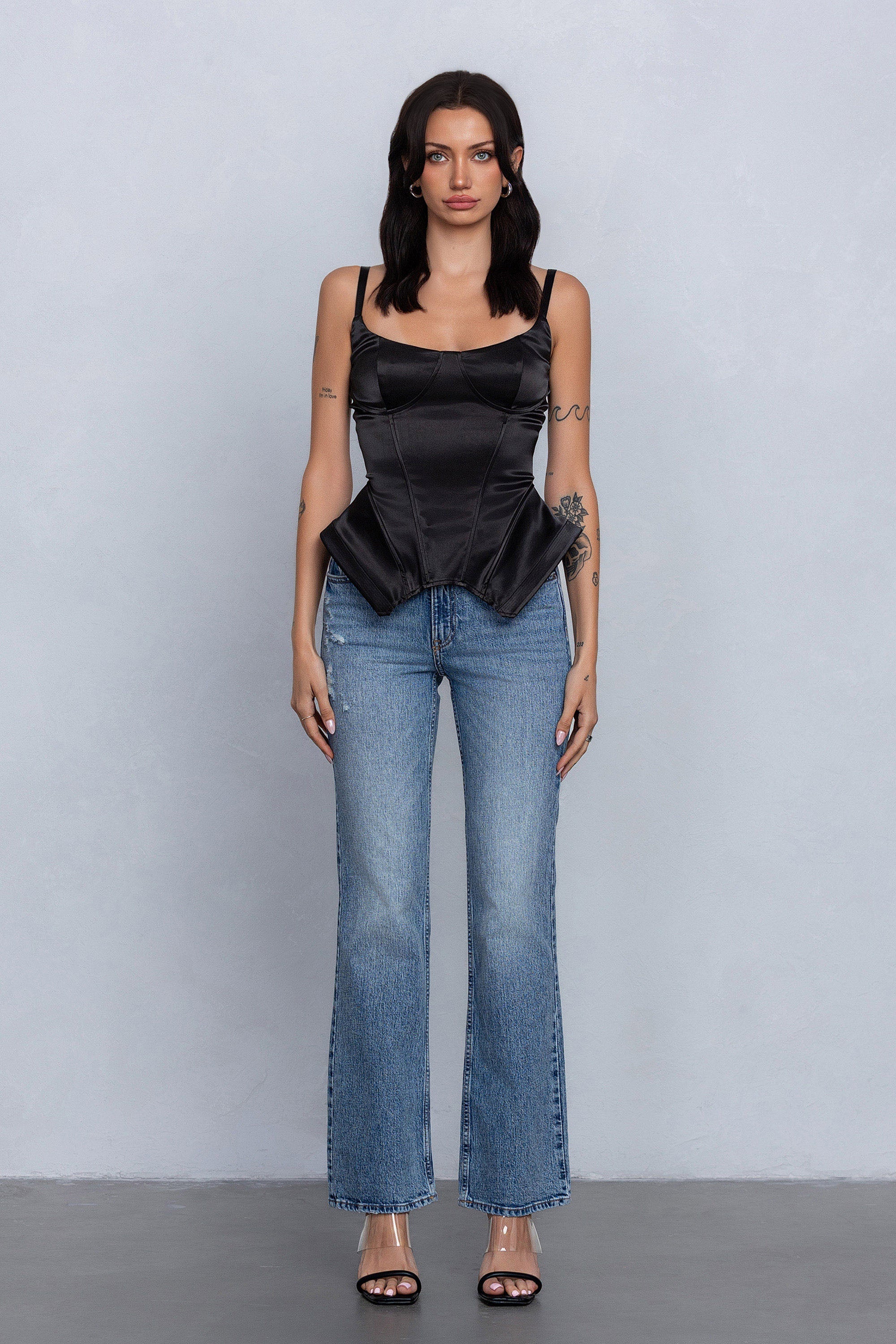 REIA SATIN SLEEVELESS BUSTIER - BLACK