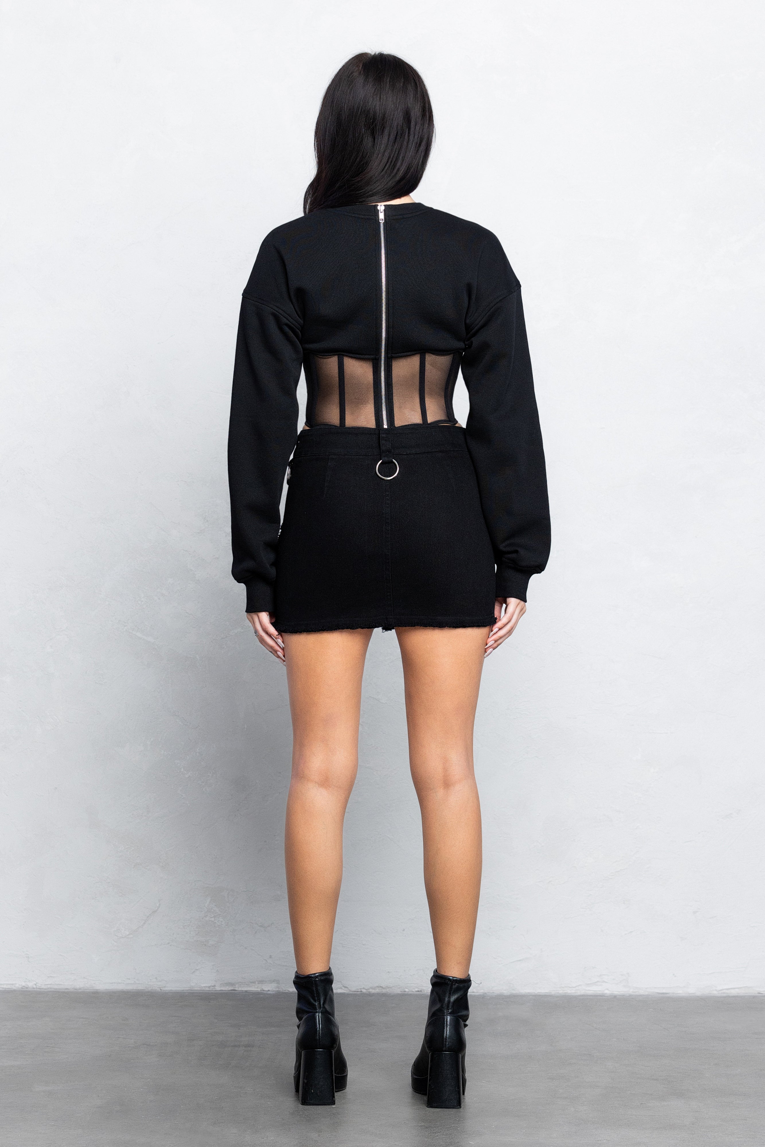 TARA MESH CONTRAST  BUSTIER SWEATER - BLACK