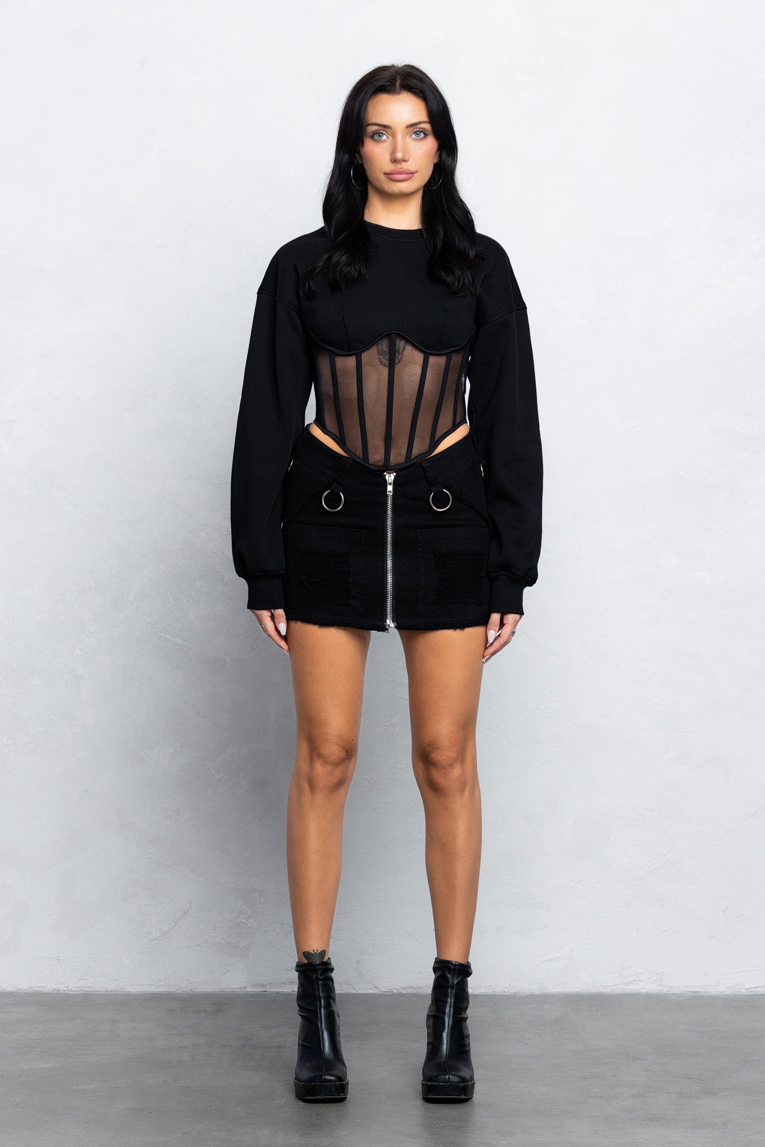 TARA MESH CONTRAST  BUSTIER SWEATER - BLACK