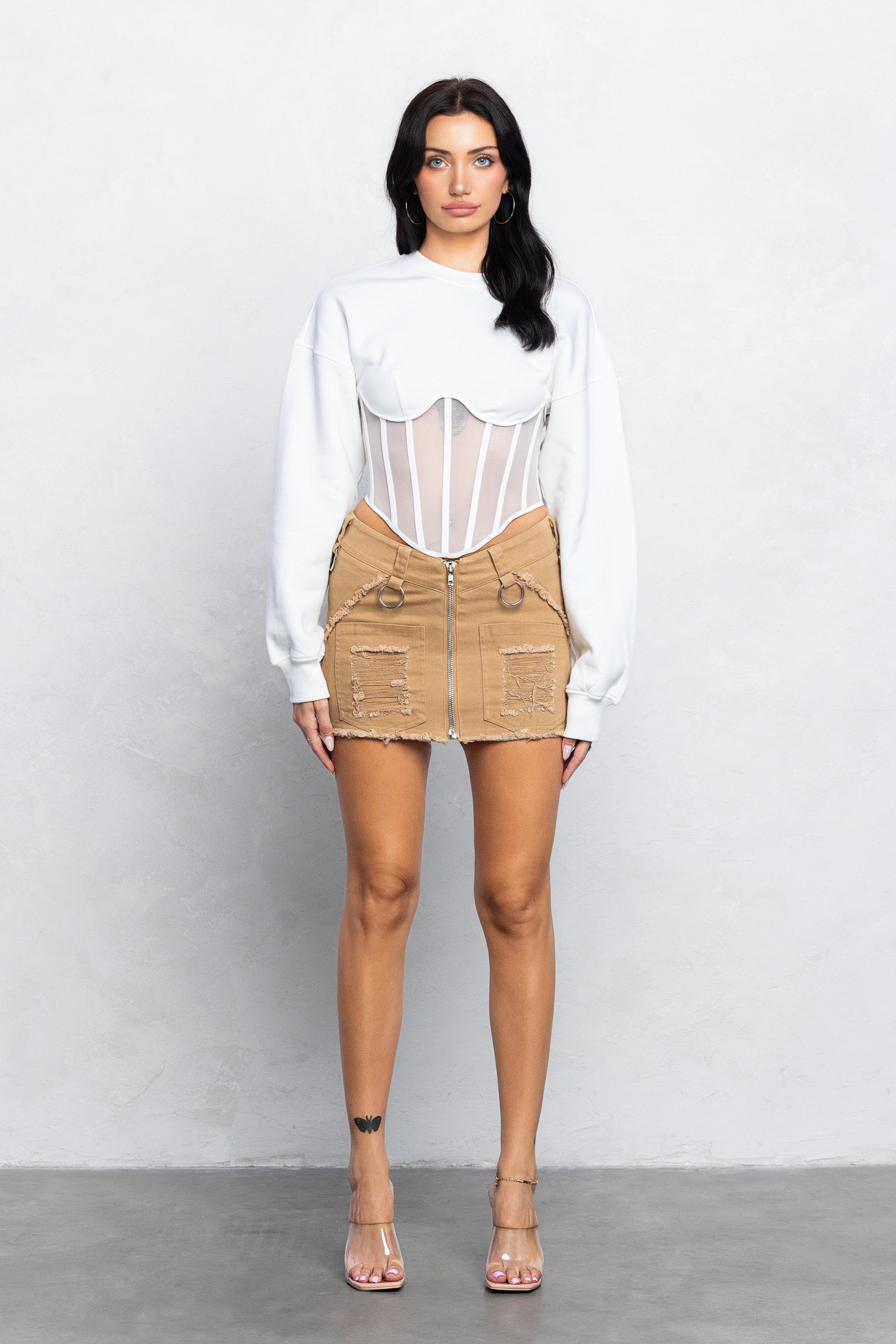 TARA MESH CONTRAST  BUSTIER SWEATER - WHITE