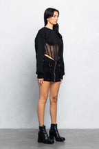 TARA MESH CONTRAST  BUSTIER SWEATER - BLACK
