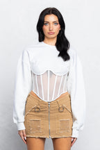 TARA MESH CONTRAST  BUSTIER SWEATER - WHITE