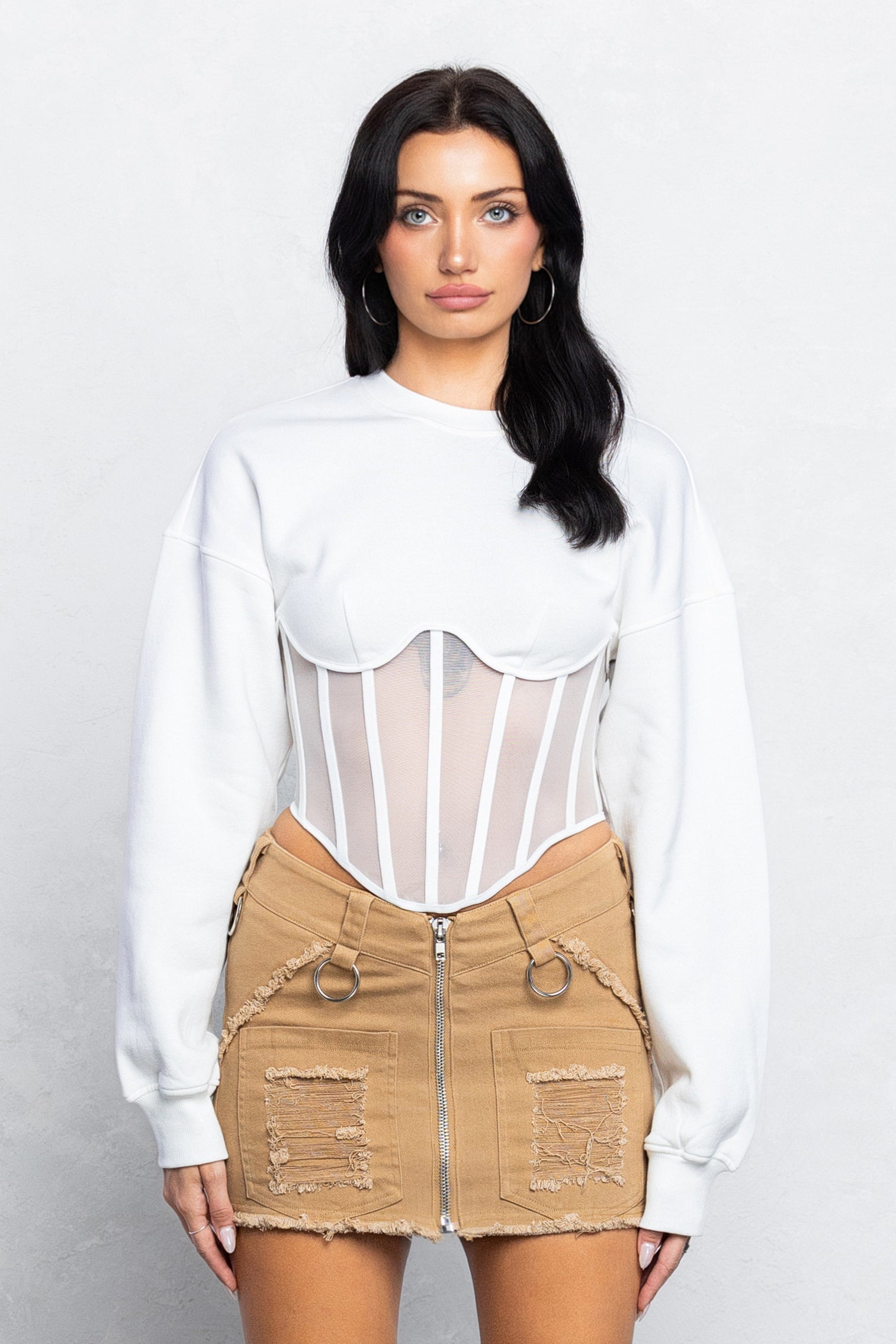 TARA MESH CONTRAST  BUSTIER SWEATER - WHITE