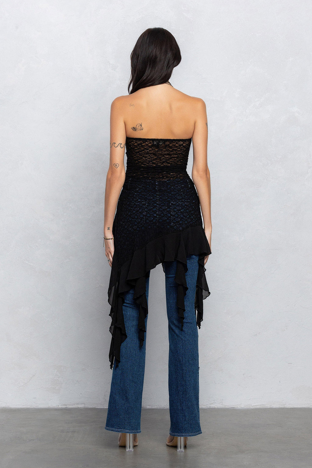 FRANKIE RUFFLE LACE TUBE TOP - BLACK