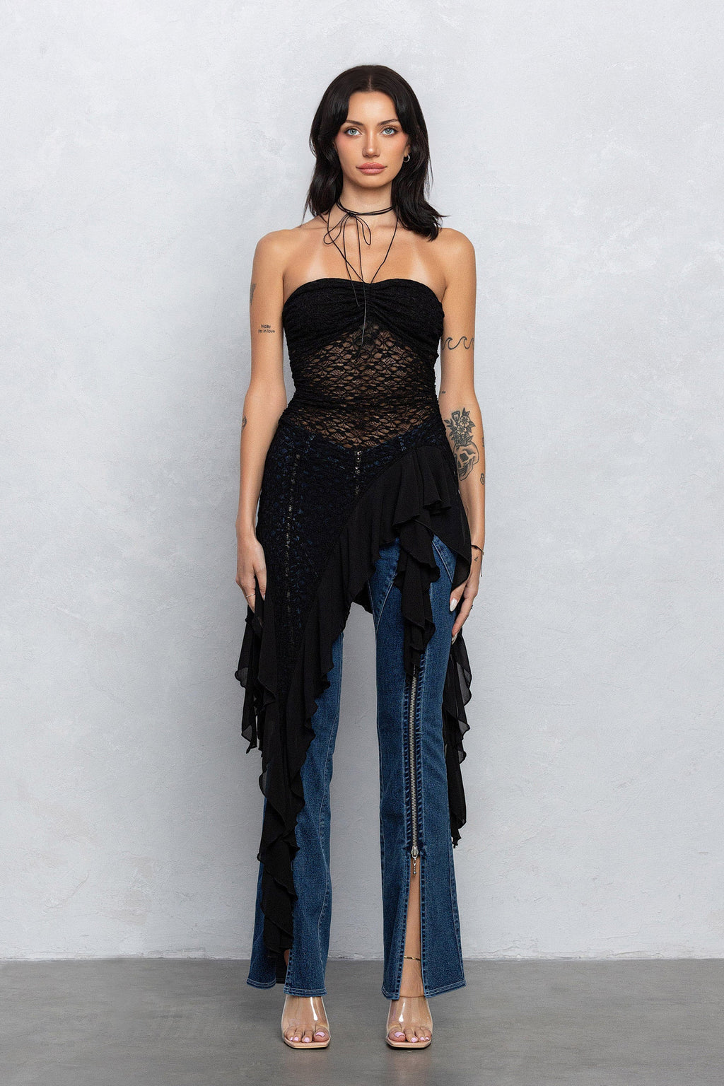 FRANKIE RUFFLE LACE TUBE TOP - BLACK