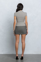 PIERCED RIBBED MOCK NECK TOP