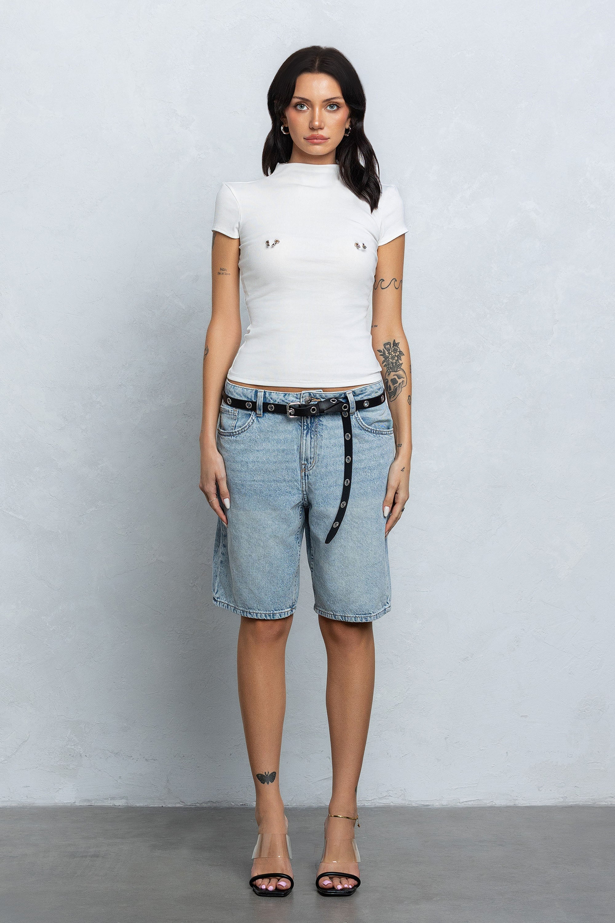 PIERCED RIBBED MOCK NECK TOP