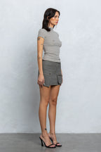 PIERCED RIBBED MOCK NECK TOP