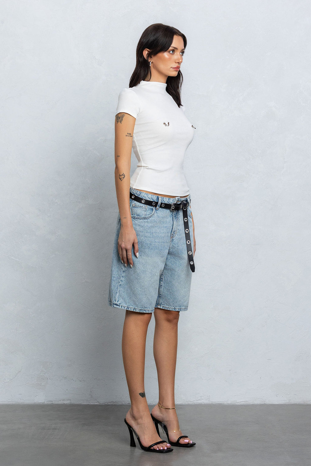 PIERCED RIBBED MOCK NECK TOP