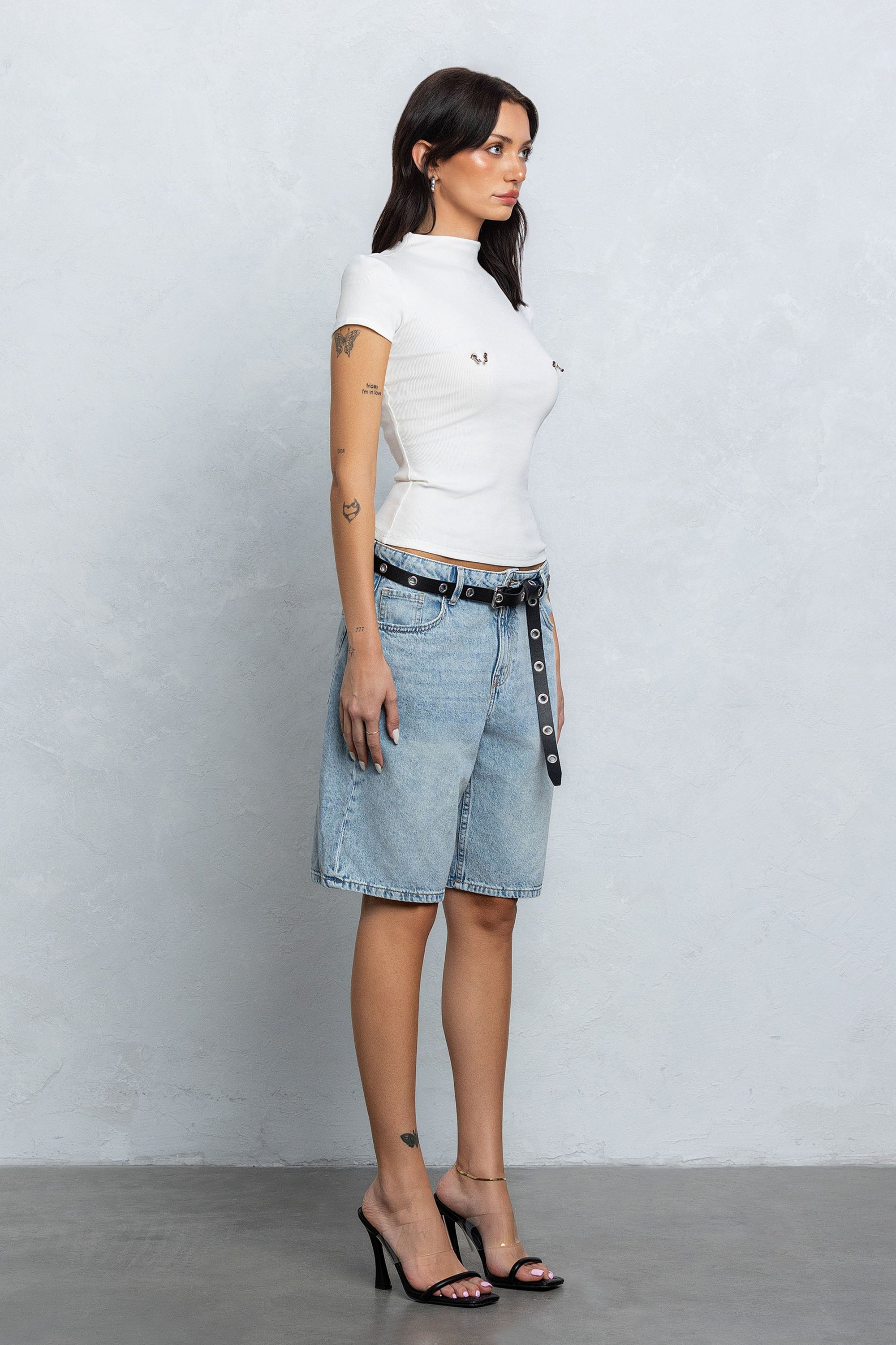 PIERCED RIBBED MOCK NECK TOP