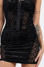 DAPHNE VELVET MINI DRESS W/ LACE CONTRAST - BLACK