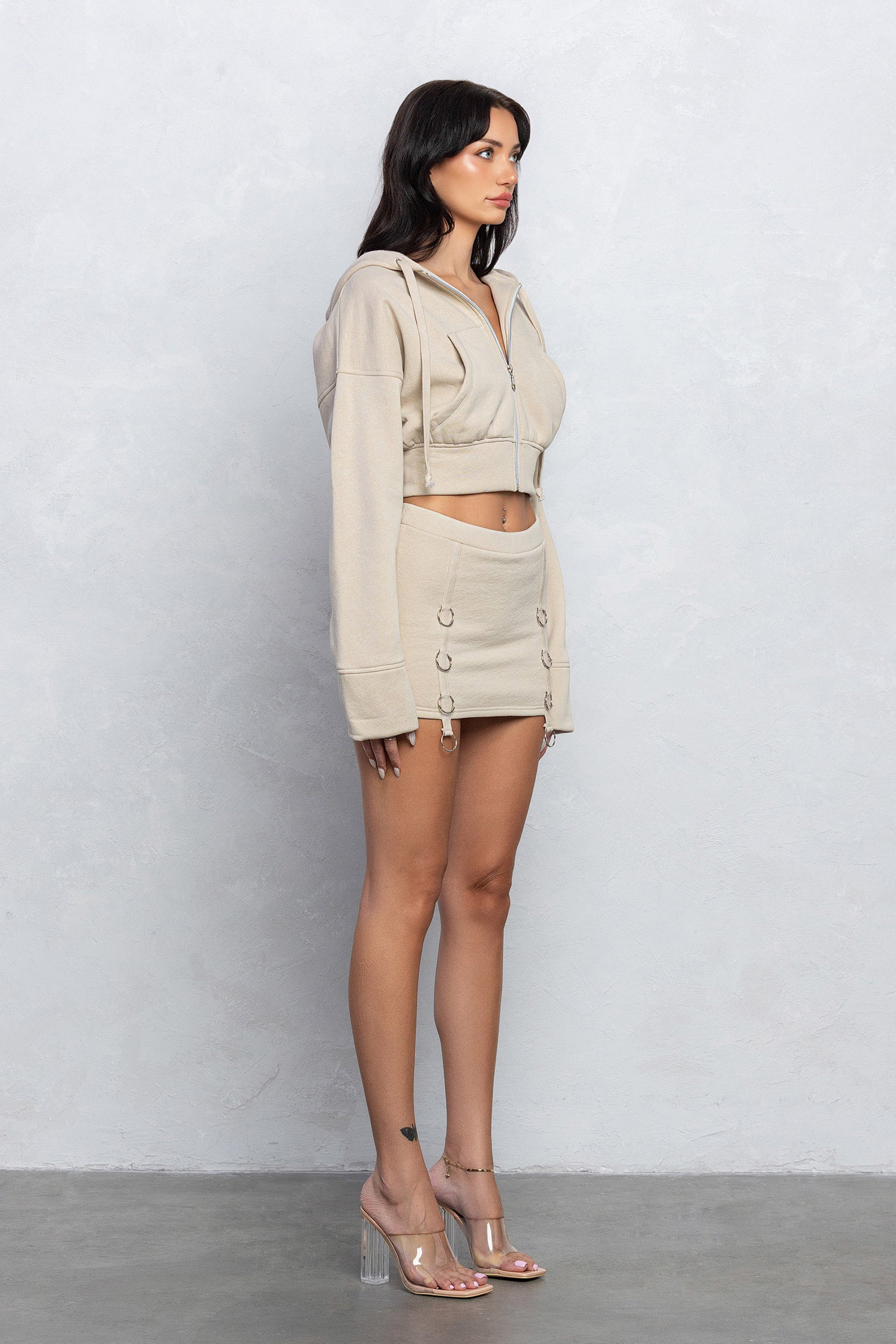 KHAI ZIP UP MINI SKIRT SET - SAND