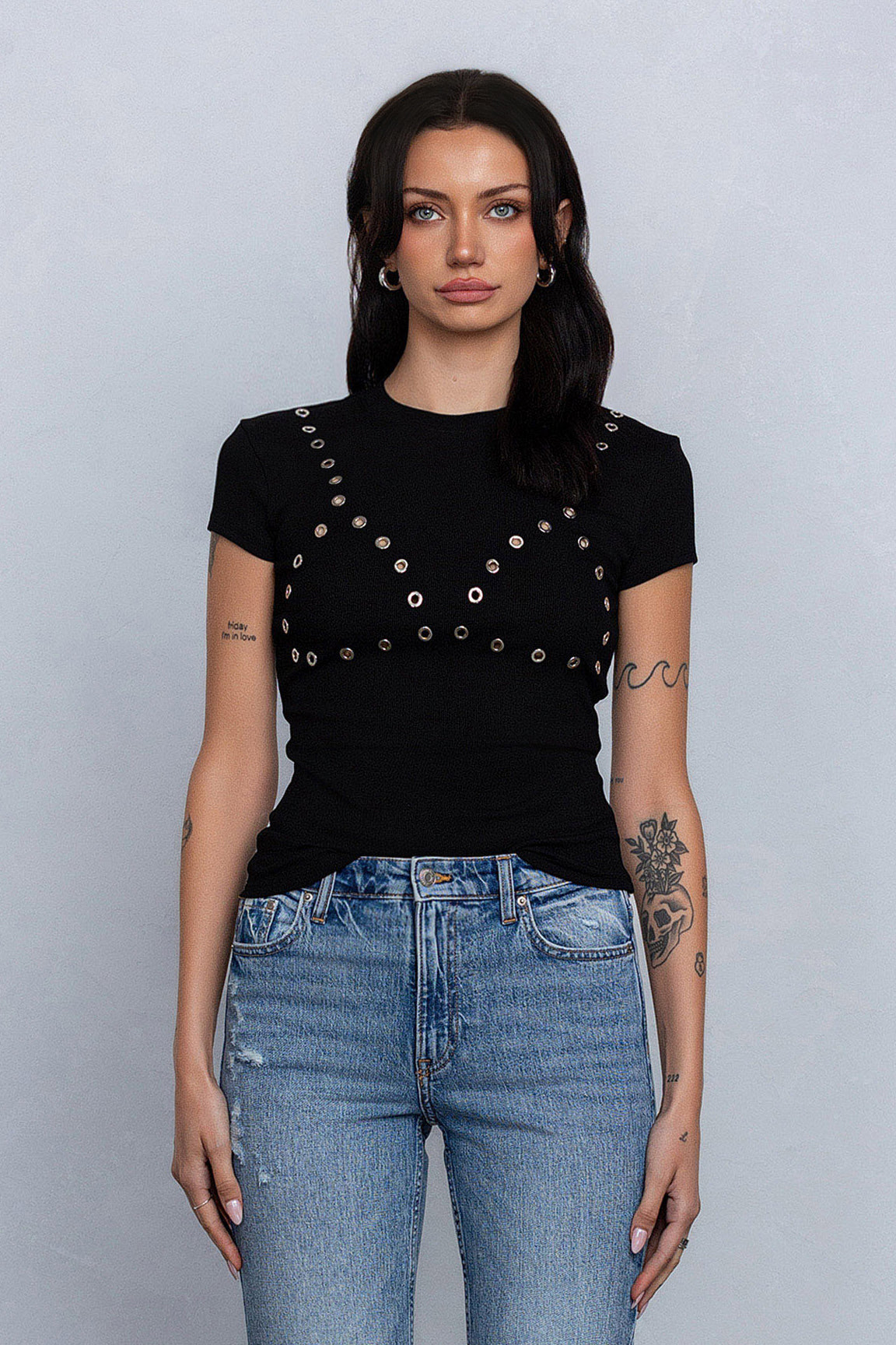 BREA RIBBED EYELET DETAIL TOP - BLACK