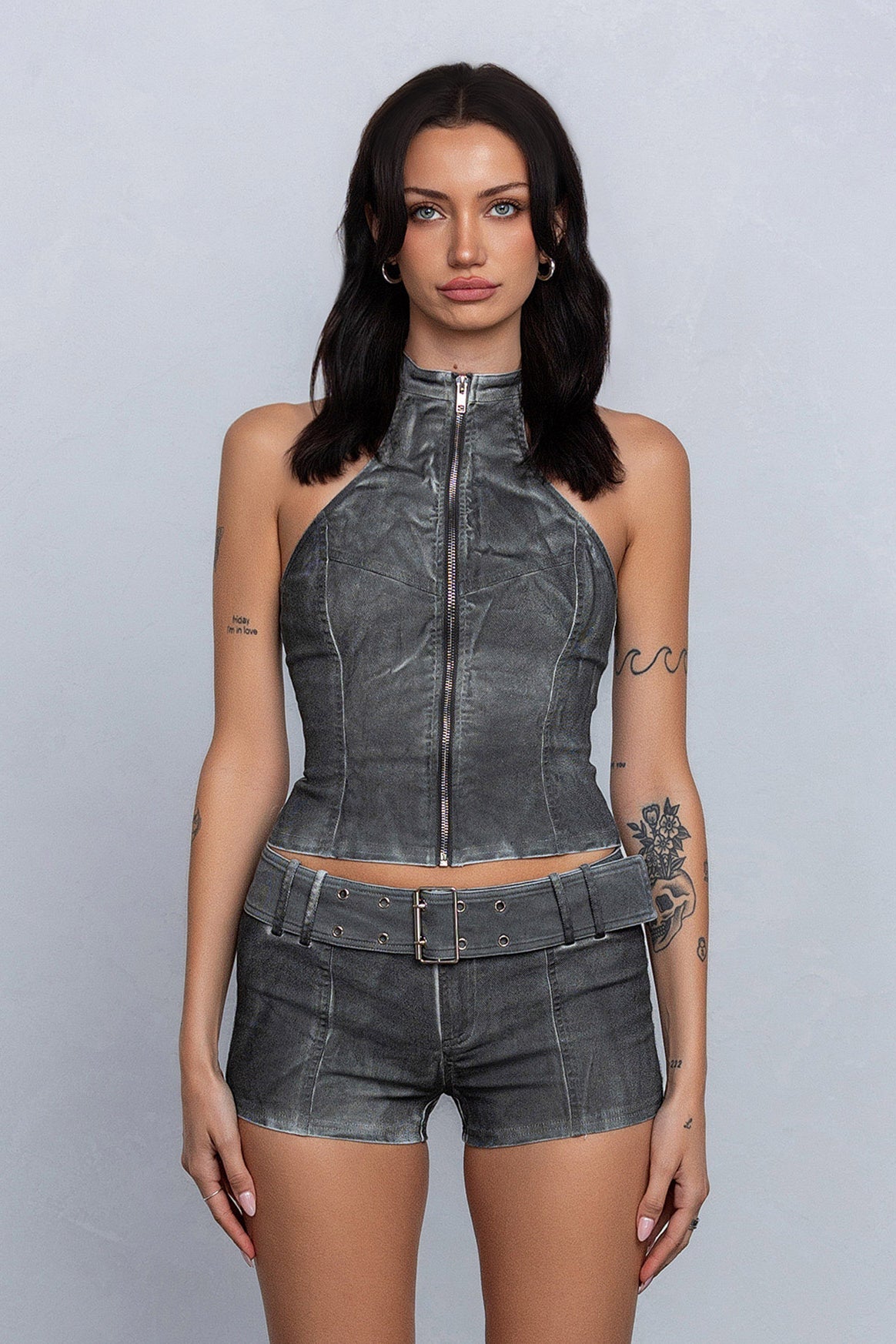 MARS ZIP-UP HALTER TOP - GREY