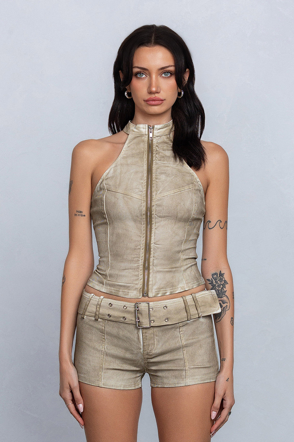MARS ZIP-UP HALTER TOP - TAUPE