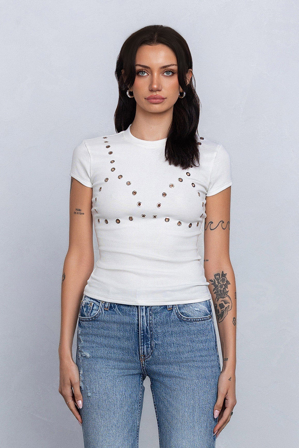 BREA RIBBED EYELET DETAIL TOP - WHITE