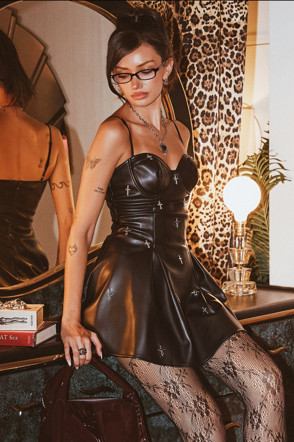 CROSS SKATER PLEATHER MINI DRESS