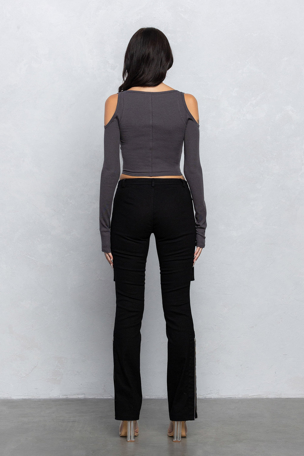 FAYE RIBBED ZIPPER TOP - CHARCOAL