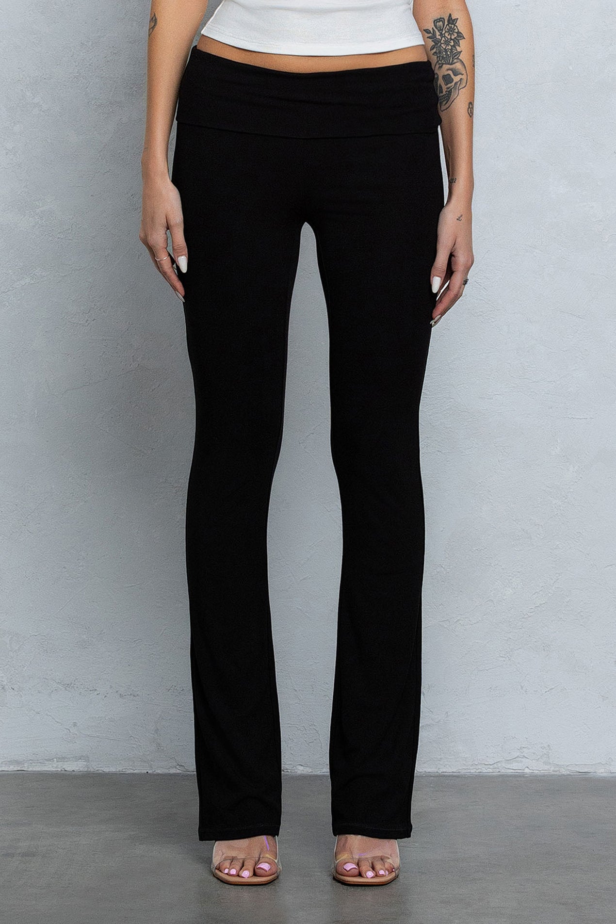 JENNI FOLD OVER FLARE PANTS - BLACK
